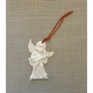 Vintage Colonial Candle Japan Porcelain Angel Ornament With Harp & Red Cord